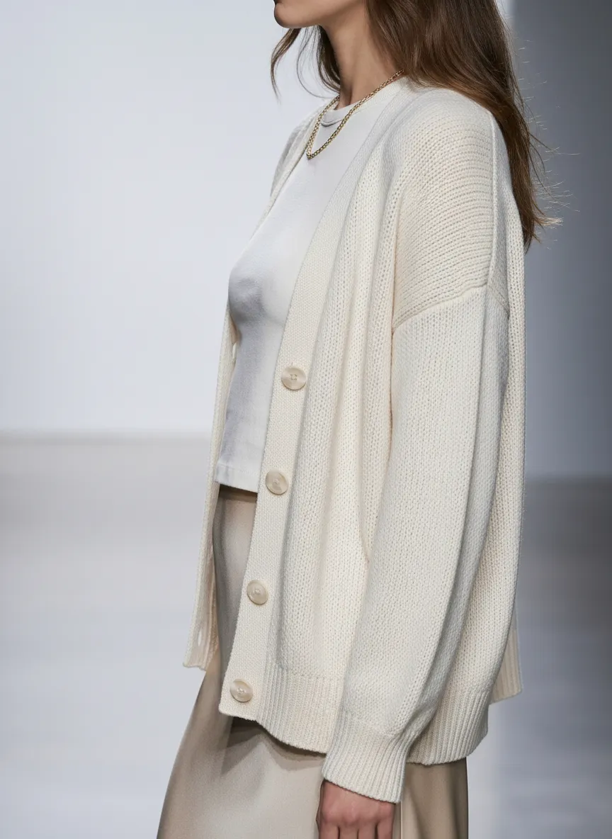 Zijprofiel van een vrouw met bruin golvend haar en een subtiele gouden ketting, draagt een elegant gebroken wit oversized gebreid vest met vier crème knopen over een strak wit T-shirt en een vloeiende lichte beige satijnen rok, gepresenteerd in een minimalistische studio-setting voor webshops geoptimaliseerd met AI productfotografie.