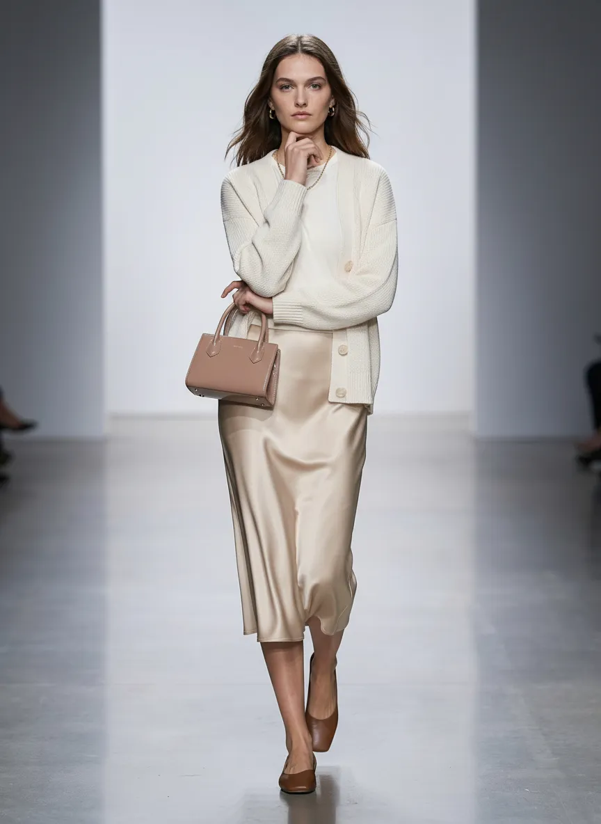 Een vrouwelijke model loopt op een minimalistische catwalk, gekleed in een elegante, monochrome outfit. Ze draagt een crème geribbelde gebreide cardigan over een bijpassende top, een vloeiende champagnekleurige satijnen midi rok en bruine ballerina's. In haar hand draagt ze een kleine, gestructureerde beige handtas en ze heeft fijne gouden sieraden om. Deze verfijnde look is perfect voor een modieuze en comfortabele uitstraling, ideaal voor productfotografie.