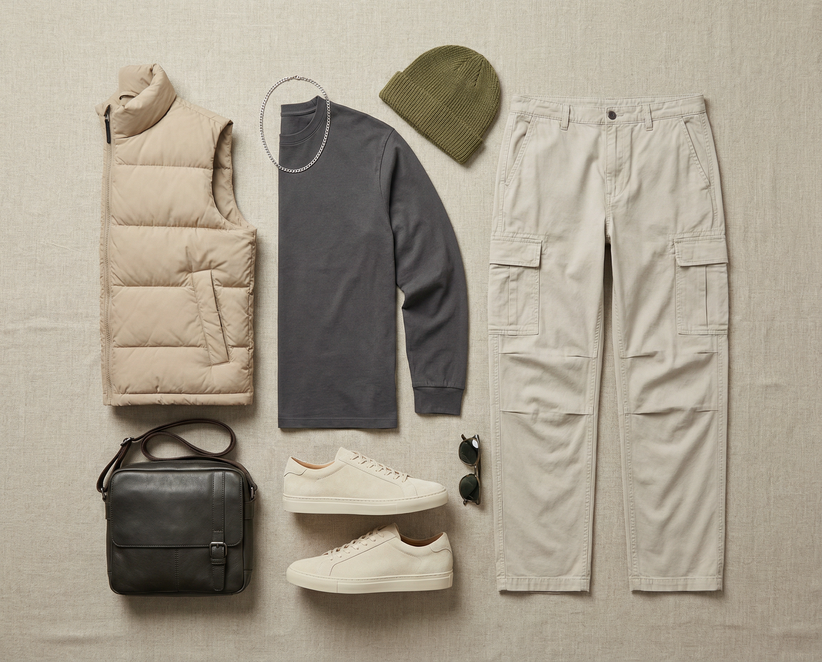 Een complete heren casual outfit, plat gelegd op een lichte beige linnen achtergrond, inclusief een beige puffer bodywarmer, een donkergrijs longsleeve shirt met zilveren ketting, een olijfgroene beanie, een lichte beige cargo broek, twee witte leren sneakers, een donkergrijze leren schoudertas en een zwarte zonnebril. Deze moderne herfst/wintercollectie toont veelzijdige kleding en accessoires.