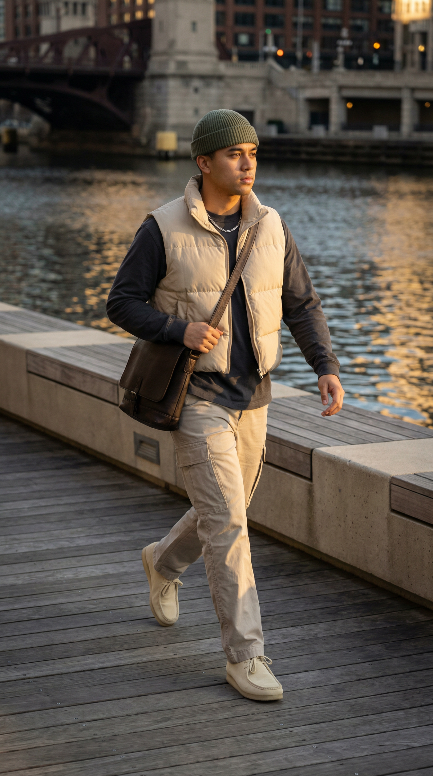 man-urban-herfstoutfit-gilet-beanie-messenger-tas-waterkant-mode-productfotoai