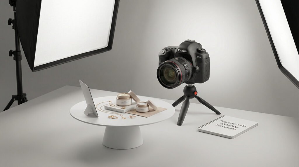 Een gedetailleerde weergave van een traditionele productfotografie studio, met een zwarte Canon EOS spiegelreflexcamera op een statief, twee grote softboxen voor professionele belichting, en een witte presentatieschijf waarop elegante cosmetica potjes en gouden sieraden zoals kettingen en ringen liggen. Dit beeld illustreert de complexiteit en benodigde apparatuur voor handmatige, hoogwaardige webshop productfotografie, een proces dat ProductFotoAI met AI productfotografie vereenvoudigt.