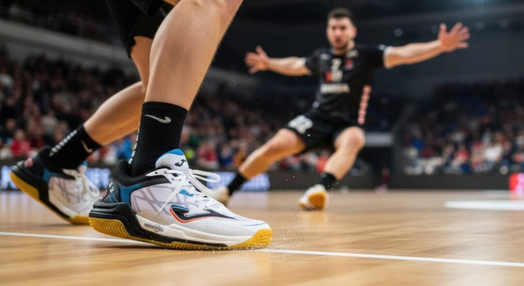 Close-up van een witte handbalschoen met blauwe en oranje accenten en een gele zaalsportzool, gedragen door een speler in dynamische actie op een houten handbalveld. De schoen toont uitstekende grip en stabiliteit tijdens een snelle beweging, met een vaag beeld van een andere speler en de tribune op de achtergrond. Perfect voor serieuze handballers.