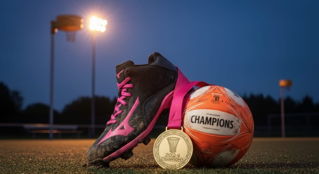 Gedetailleerde close-up van zwarte Mizuno korfbalschoenen met felroze accenten, een oranje korfbal met 'CHAMPIONS' opdruk, en een gouden '2024 CHAMPIONS' medaille, liggend op kunstgrasveld bij avondverlichting met korfbalpalen op de achtergrond. Deze afbeelding is perfect voor webshops die Mizuno korfbalschoenen en sportartikelen verkopen, geoptimaliseerd met AI productfotografie van ProductFotoAI.