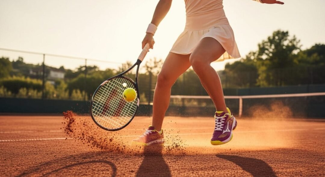 Dynamische close-up van een vrouwelijke tennisspeler in actie op een gravelbaan, met de focus op de kleurrijke Mizuno tennisschoenen in paars en geel die stof opwerpen. Deze AI-gegenereerde productfoto toont beweging en detail, ideaal voor e-commerce productpagina's die succesvol verkopen.