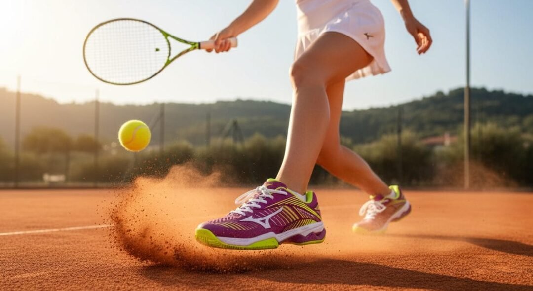 Mizuno tennis schoenen in levendig paars met neon gele accenten, dynamisch afgebeeld op een roodbruine gravelbaan waarbij stof opwaait tijdens een snelle beweging van een tennisser die een bal slaat. Deze hoogwaardige AI productfoto legt de energie van het spel vast, ideaal voor e-commerce promotie en het stimuleren van verkoop.