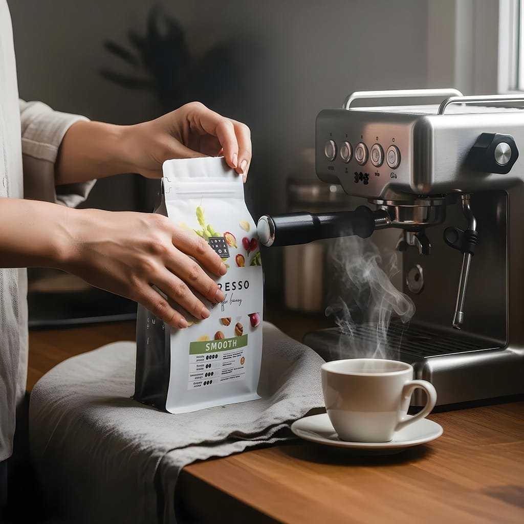 Koffiebonnen zak Love in A Box met handen en expresso machine productfotoAI