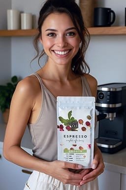 Koffiebonnen zak Love in A Box met model productfotoAI