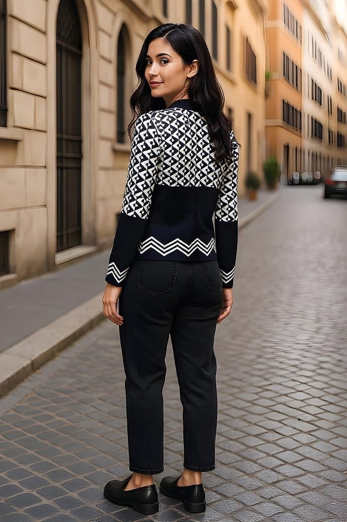 Zwart-Wit Gebreide Top met Grafisch Patroon – Slim Fit Zwart-Wit Gebreide Top met Grafisch Patroon – Slim Fit