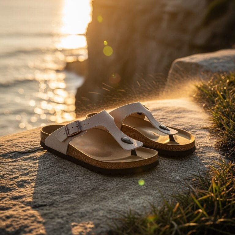 birkenstock-sandalen-beige-op-rots-bij-zonsondergang-kust-ai-lifestylefoto-productfotoai