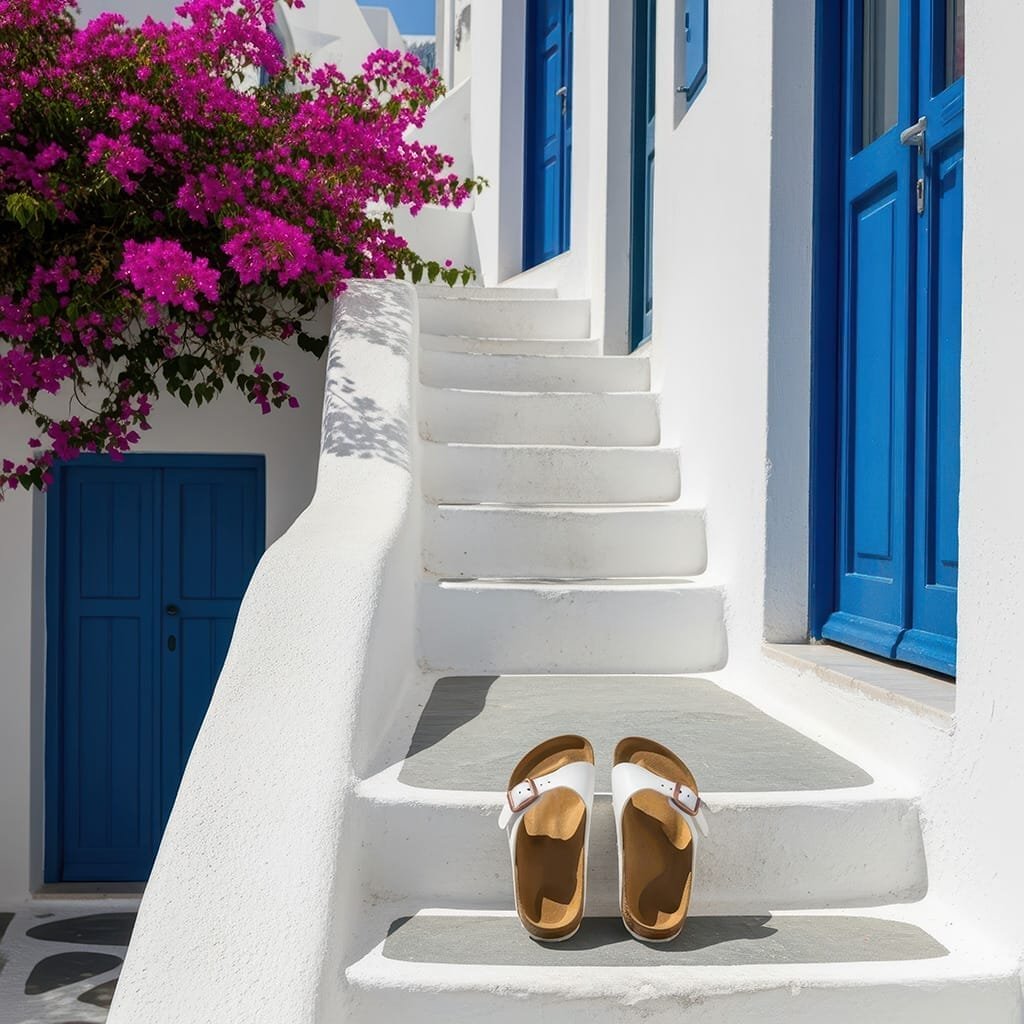 birkenstock-sandalen-op-witte-trap-griekse-architectuur-zomerstijl-ai-productfoto-productfotoai