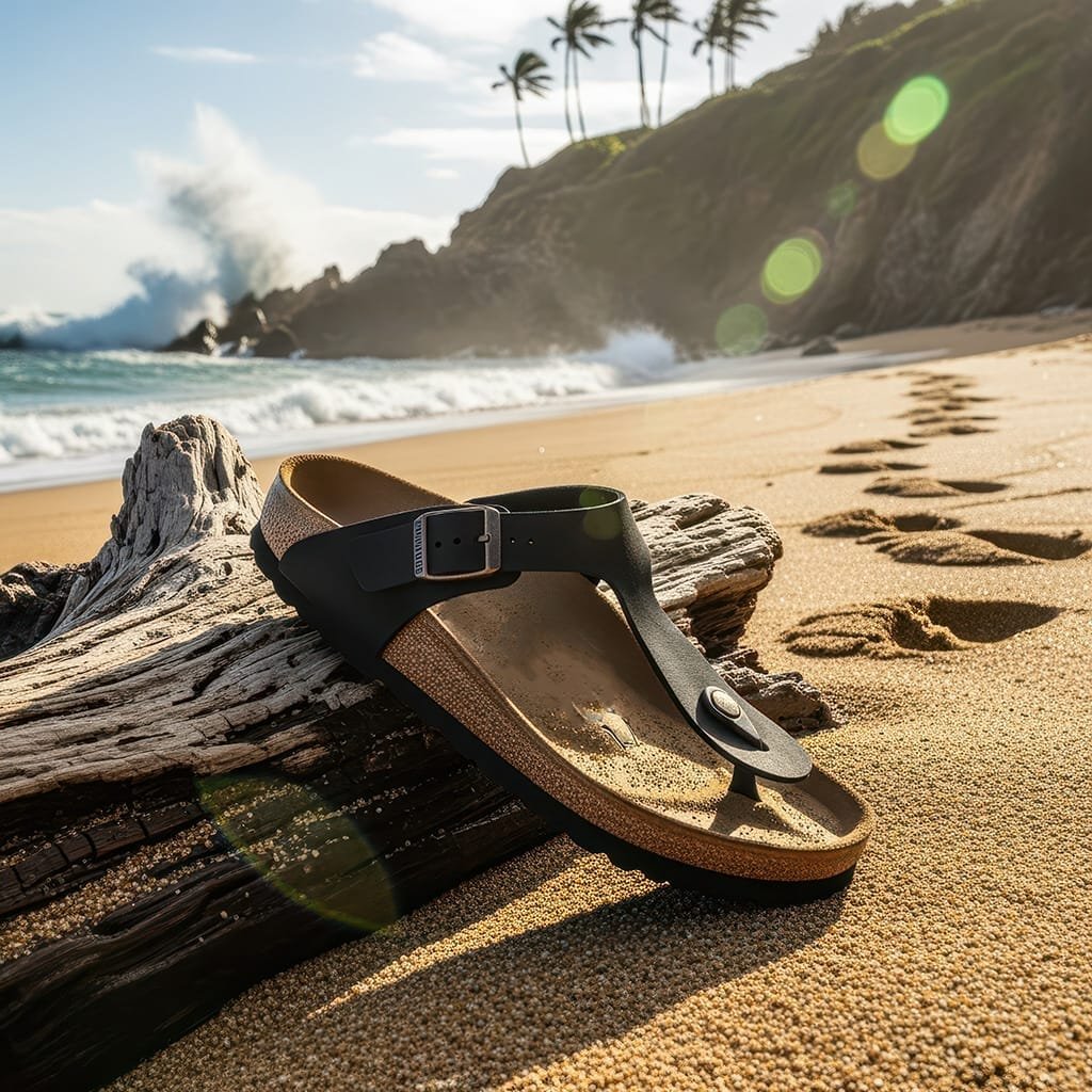 birkenstock-slipper-zwart-op-tropisch-strand-met-voetafdrukken-ai-lifestylefoto-productfotoai