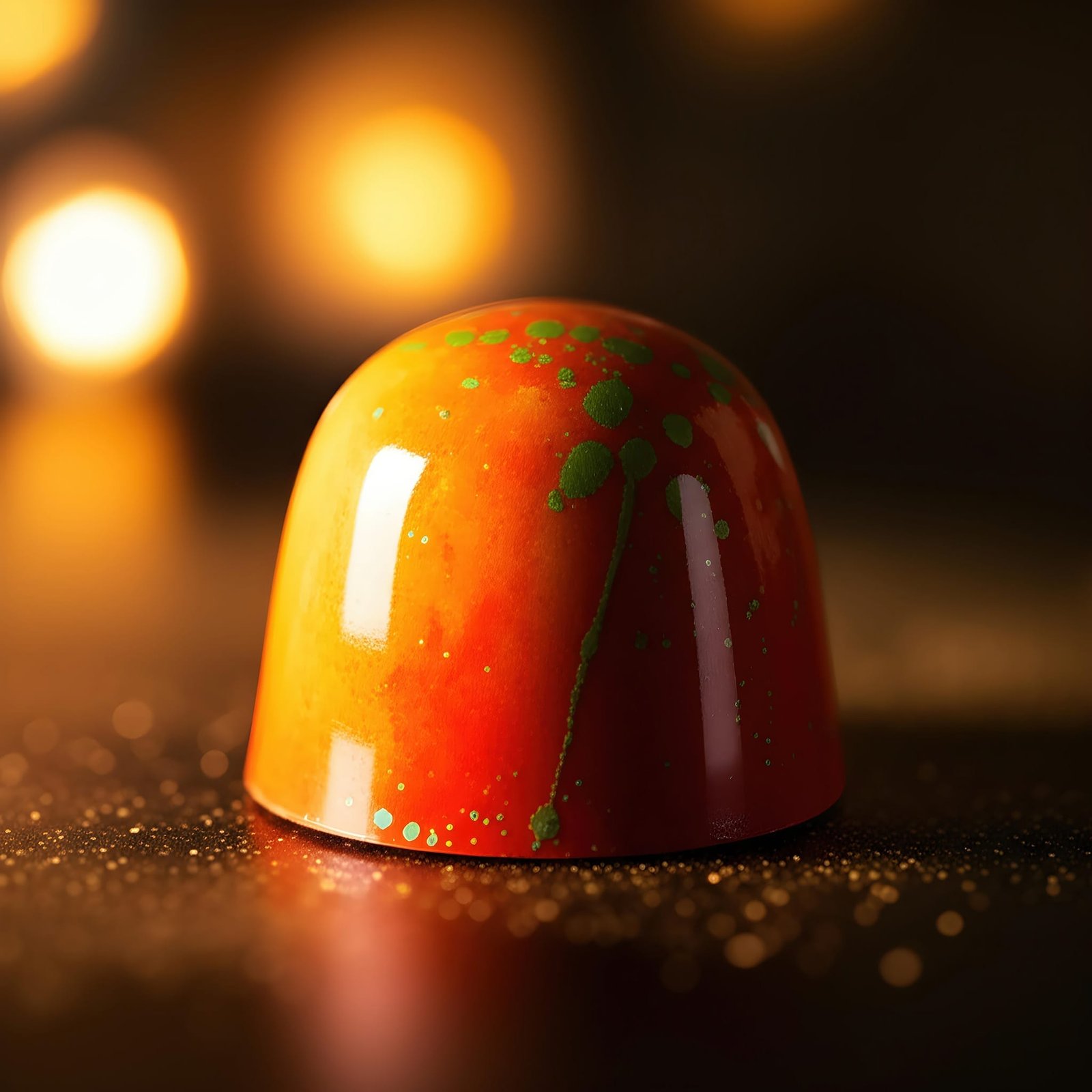 bonbon-glanzend-orangegroen-design-gouden-studiosfeer-ai-productfoto-productfotoai