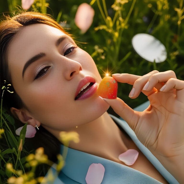 bonbon-met-model-romantische-buitenopname-ai-productfoto-productfotoai