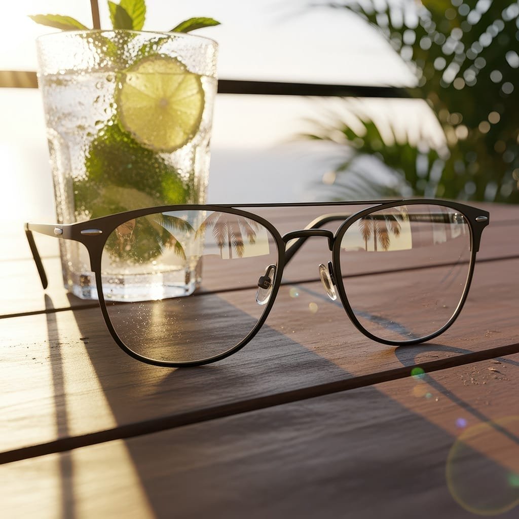 bril-op-tafel-met-zomerdrank-en-zonlicht-ai-productfoto-productfotoai