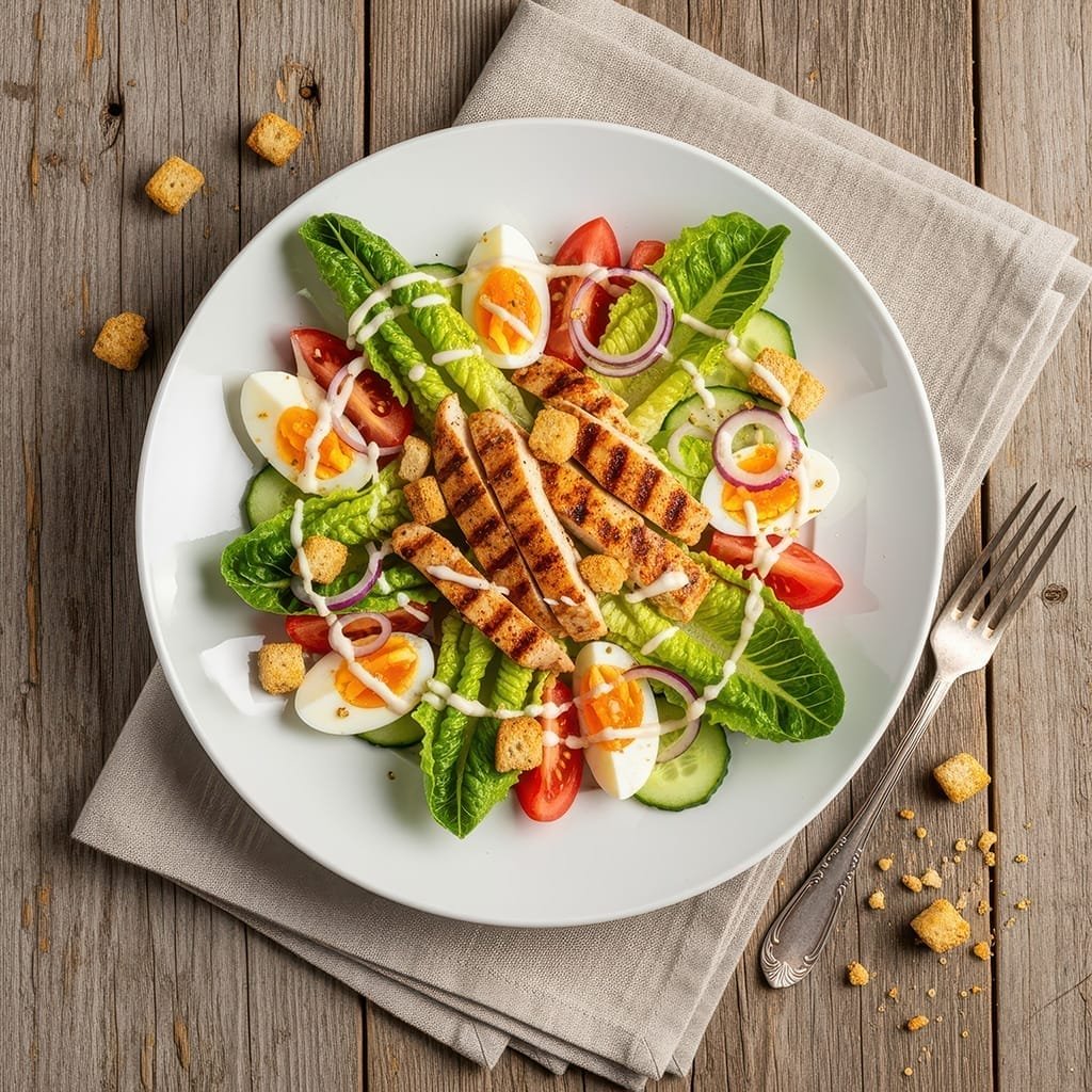 caesar-salade-met-gegrilde-kip-en-ei-op-houten-tafel-bovenaanzicht-ai-foodfoto-productfotoai-up caesar-salade-met-gegrilde-kip-en-ei-op-houten-tafel-bovenaanzicht-ai-foodfoto-productfotoai