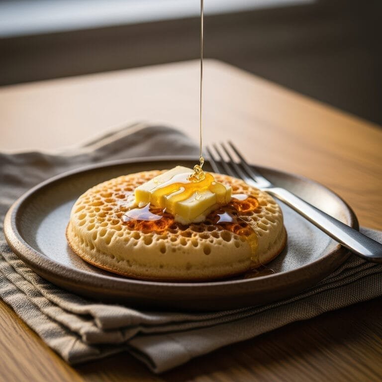 crumpets-met-boter-en-siroop-op-rustiek-bord-ai-foodfotografie-productfotoai