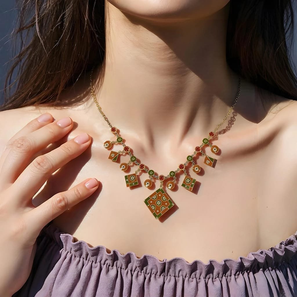 handgemaakte-ketting-met-gekleurde-hangers-op-decollete-ai-productfoto-productfotoai