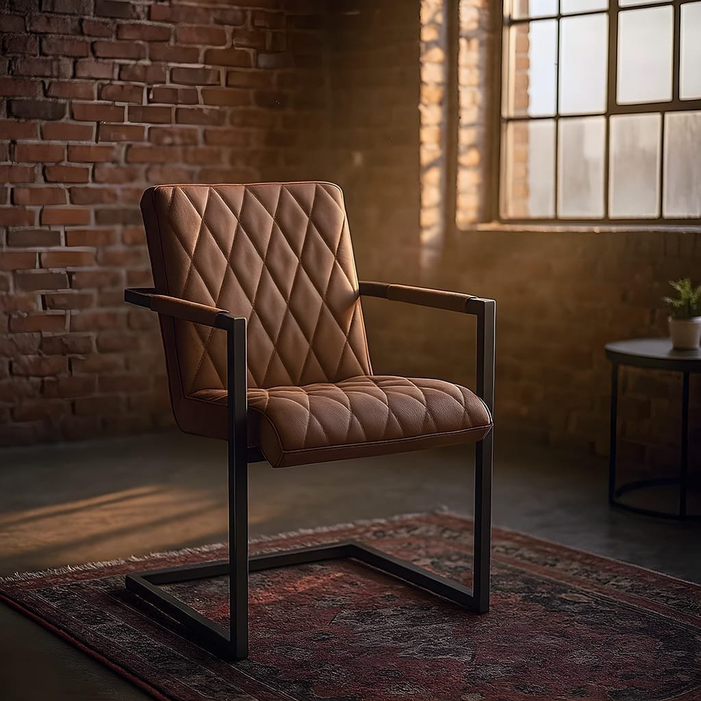 industriele-leerstoel-met-diamantstiksel-op-metalen-frame-loftinterieur-ai-productfoto-productfotoai