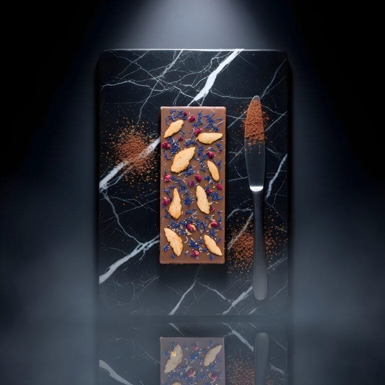 melkchocoladereep-met-appel-en-bloemen-luxueuze-studiosetting-ai-productfoto-productfotoai