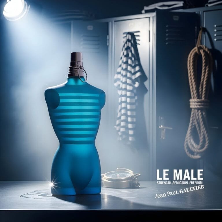 parfumfles-jean-paul-gaultier-le-male-ai-productfoto-lockerruimte-productfotoai