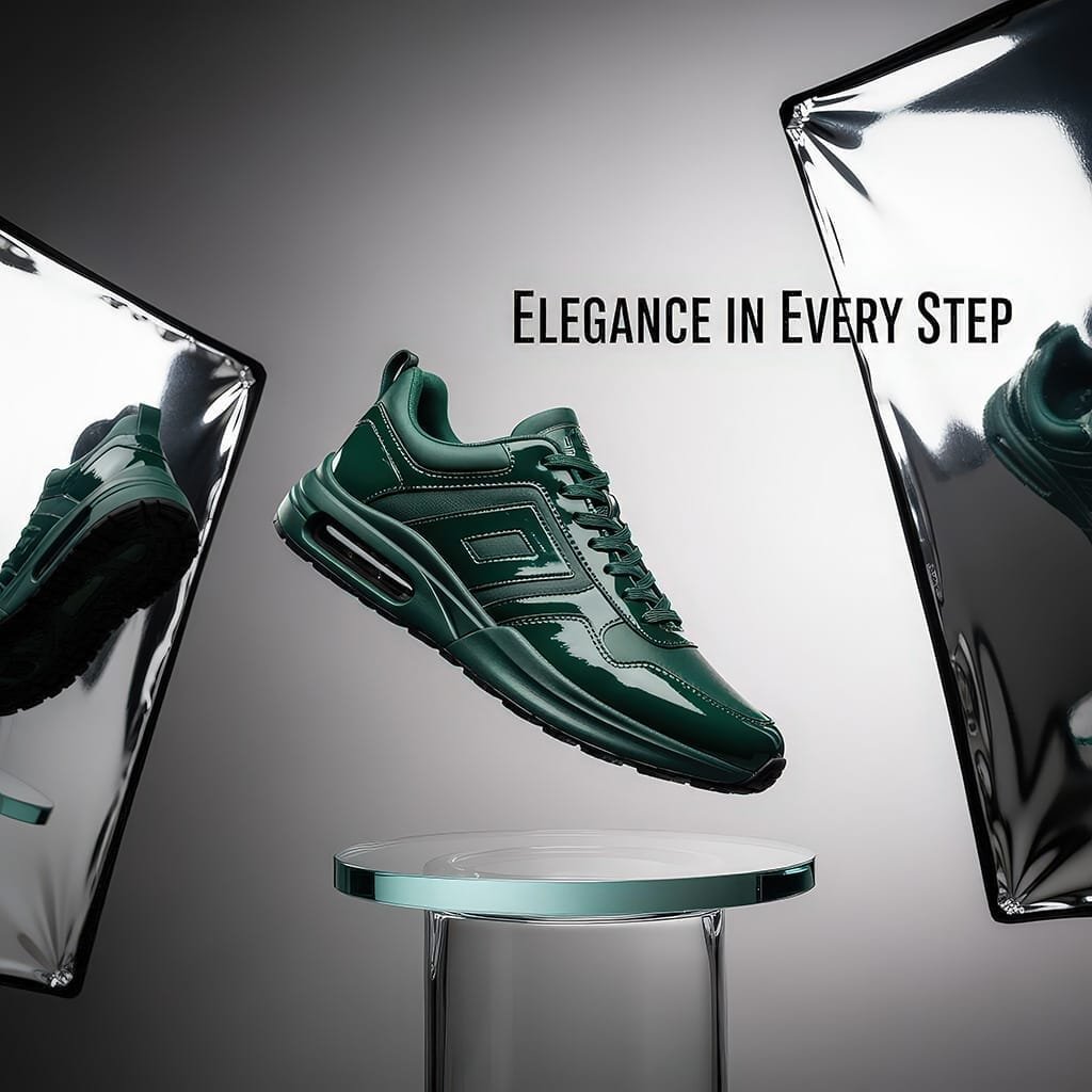 smaragdgroene-luxe-sneaker-op-glazen-sokkel-modern-design smaragdgroene-luxe-sneaker-op-glazen-sokkel-modern-design