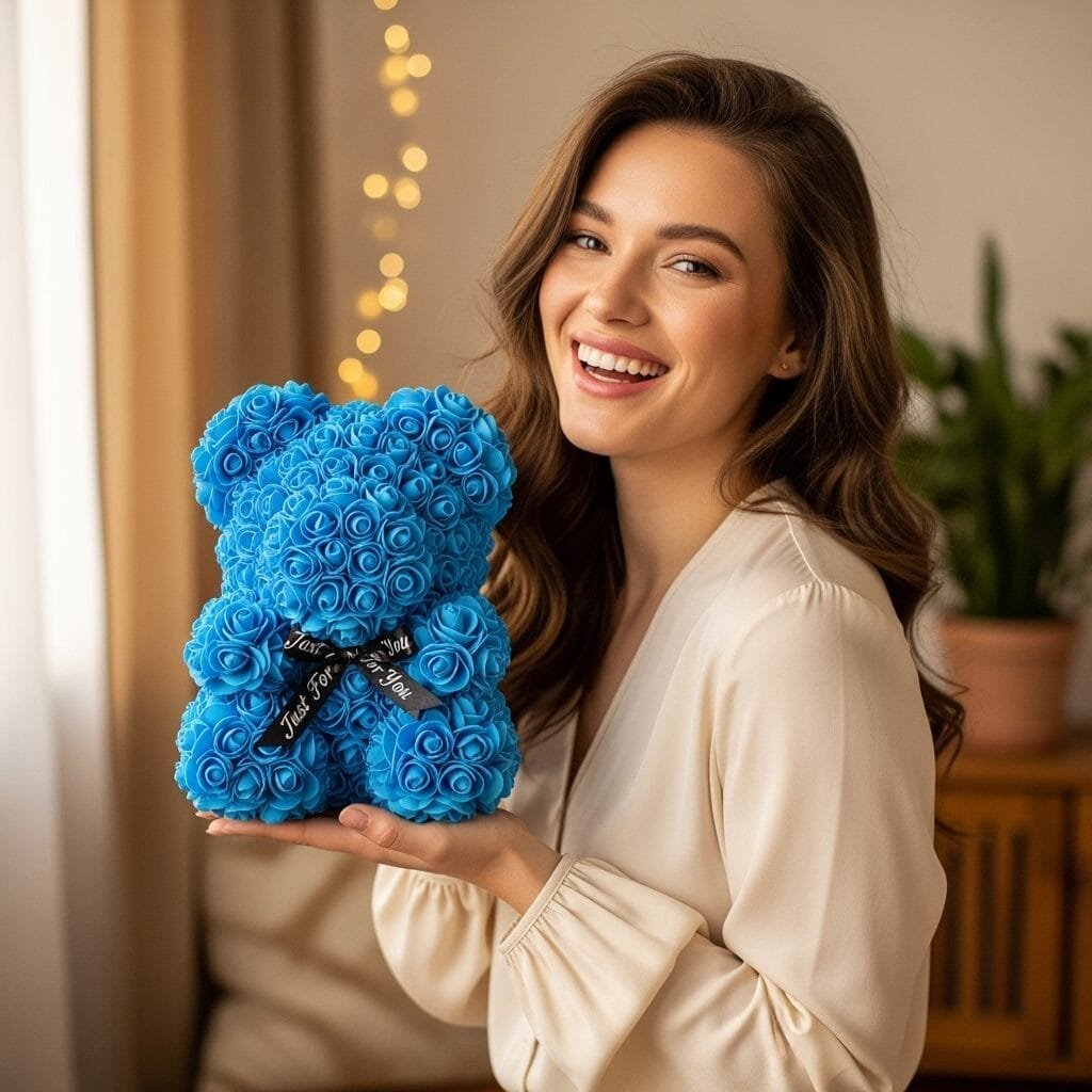 vrouw-met-blauwe-rozenbeer-cadeauverpakking-valentijn-moederdag-ai-lifestylefoto-productfotoai