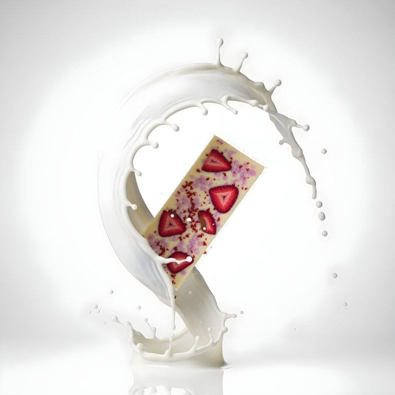 witte-chocoladereep-met-aardbei-en-melksplash-ai-productfoto-productfotoai