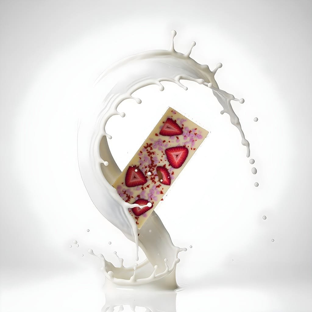 witte-chocoladereep-met-aardbei-en-melksplash-ai-productfoto-productfotoai