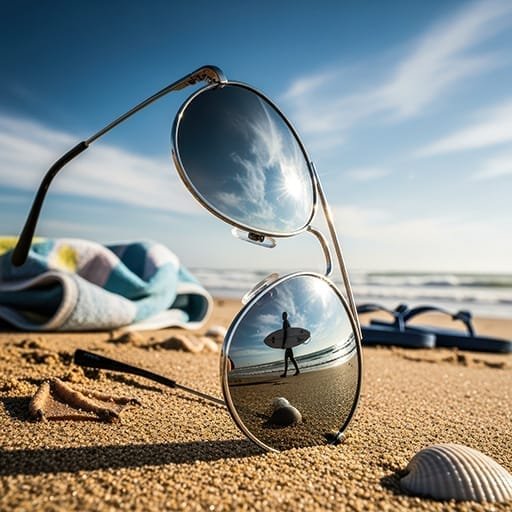 zonnebril-op-strand-met-surfer-reflectie-zomerbeeld-ai-productfoto-productfotoai