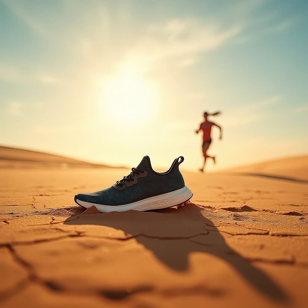 zwarte-hardloopschoen-woestijn-renner-zonsondergang-ai-productfoto-productfotoai zwarte-hardloopschoen-woestijn-renner-zonsondergang-ai-productfoto-productfotoai