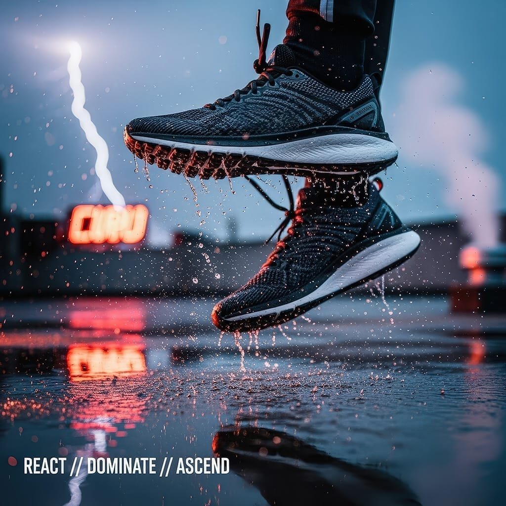 zwarte-hardloopschoenen-springend-in-regen-met-bliksem-ai-productfoto-productfotoai zwarte-hardloopschoenen-springend-in-regen-met-bliksem-ai-productfoto-productfotoai