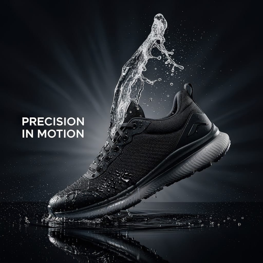 zwarte-waterafstotende-sneaker-precision-in-motion-campagne zwarte-waterafstotende-sneaker-precision-in-motion-campagne
