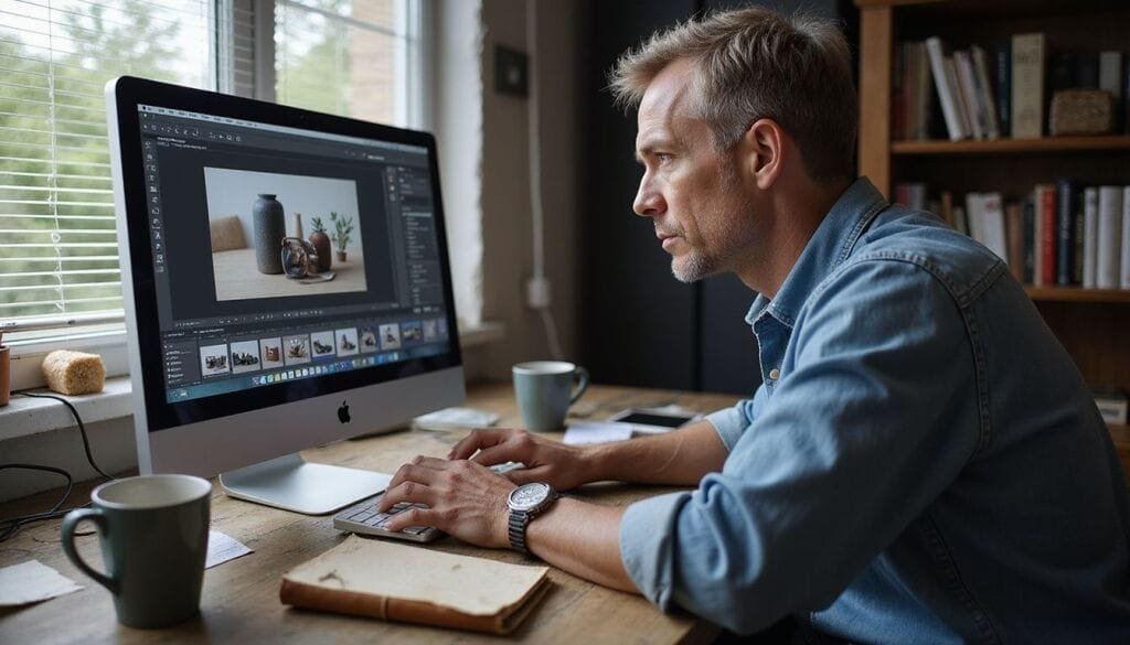 Een fotograaf werkt geconcentreerd aan digitale fotobewerking aan een bureau.