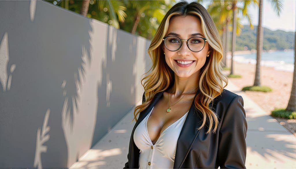 Sara met bril op een strand