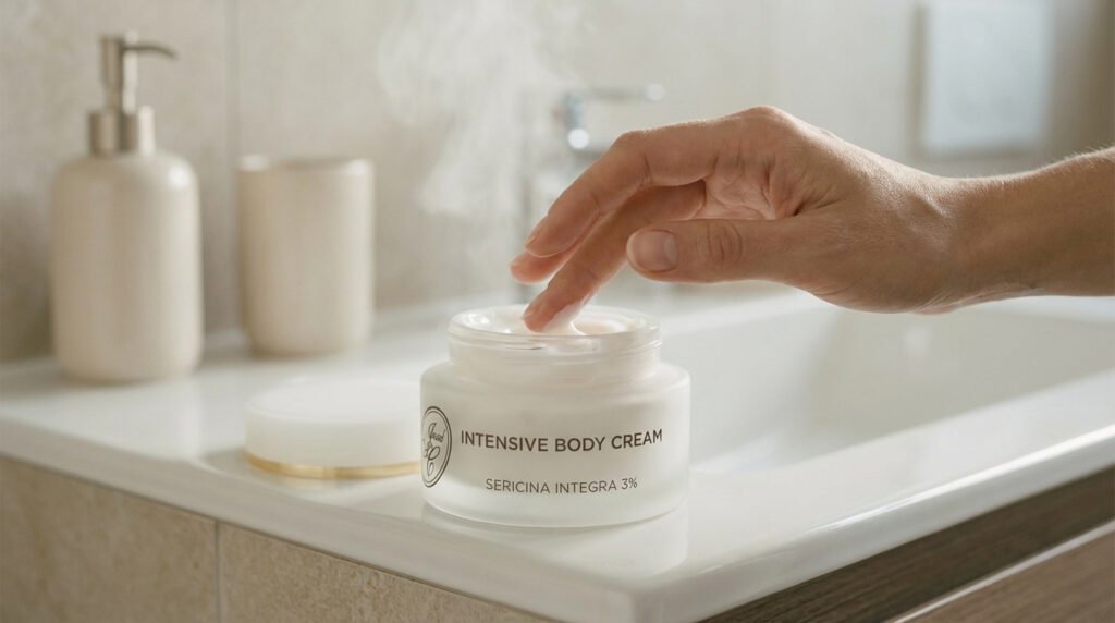 Een hand schept zachtjes romige, witte Intensive Body Cream met Sericina Integra 3% uit een matglazen potje op een witte wastafel in een moderne badkamer. De omgeving straalt luxe en frisheid uit met een subtiele damp die opstijgt bij de kraan, wat de verzorgende eigenschappen benadrukt.