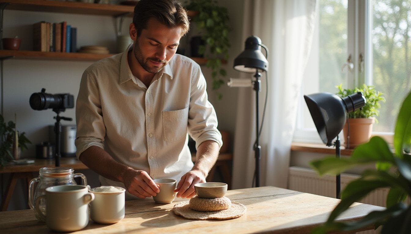 Een productfotograaf arrangeert alledaagse items in een zonovergoten studio. Een productfotograaf arrangeert alledaagse items in een zonovergoten studio.