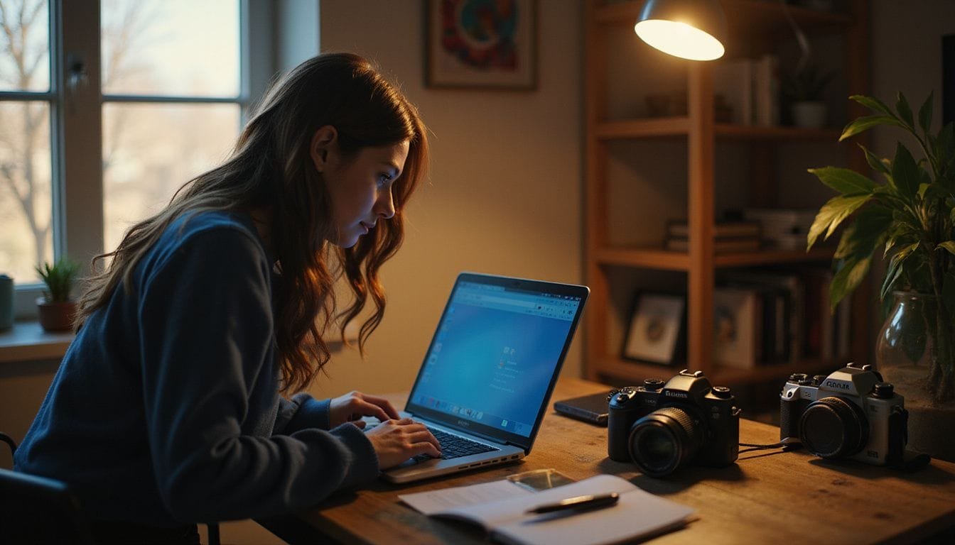 Vrouw werkt geconcentreerd aan haar e-commercebedrijf met ProductFotoAI software. Vrouw werkt geconcentreerd aan haar e-commercebedrijf met ProductFotoAI software.