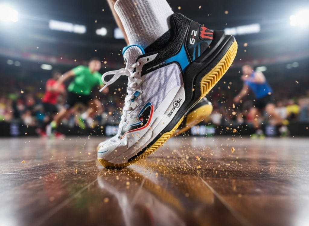 Close-up van een dynamische Jova Sports Tech 6.2 handbalschoen in wit, zwart, blauw en rood, met een gele REACTIVEBALL zool, in actie op een houten zaalvloer. Stofdeeltjes spatten omhoog terwijl de atleet afzet, wat de superieure grip en stabiliteit benadrukt. Op de achtergrond zijn vage figuren van andere spelers en toeschouwers zichtbaar in een felverlichte sporthal.