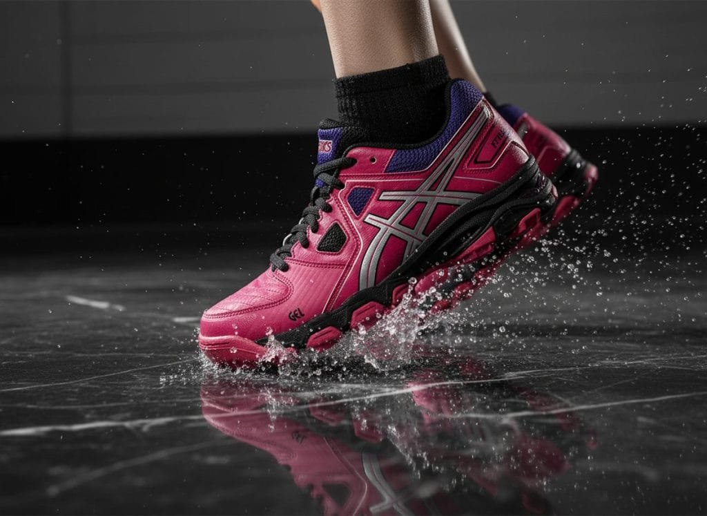 Levendige roze Asics GEL hockeyschoenen in actie, spatten water op een donkere, reflecterende ondergrond. Deze dynamische afbeelding toont de grip en stabiliteit van de schoenen, ideaal voor intensieve veldhockeywedstrijden. De zilveren Asics-strepen en zwarte details benadrukken het sportieve design.