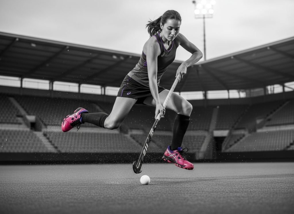 Dynamische foto van een vrouwelijke hockeyspeler in actie op een kunstgrasveld, gekleed in Asics sportkleding en felroze Asics hockeyschoenen met paarse accenten. Ze slaat een witte hockeybal, waarbij water en turf opspatten. De achtergrond toont een onscherp, zwart-wit hockey stadion met verlichting, wat de focus legt op de intense beweging en de levendige kleuren van de Asics schoenen. Ideaal voor e-commerce productpagina's die kwaliteit en prestatie uitstralen dankzij AI productfotografie.