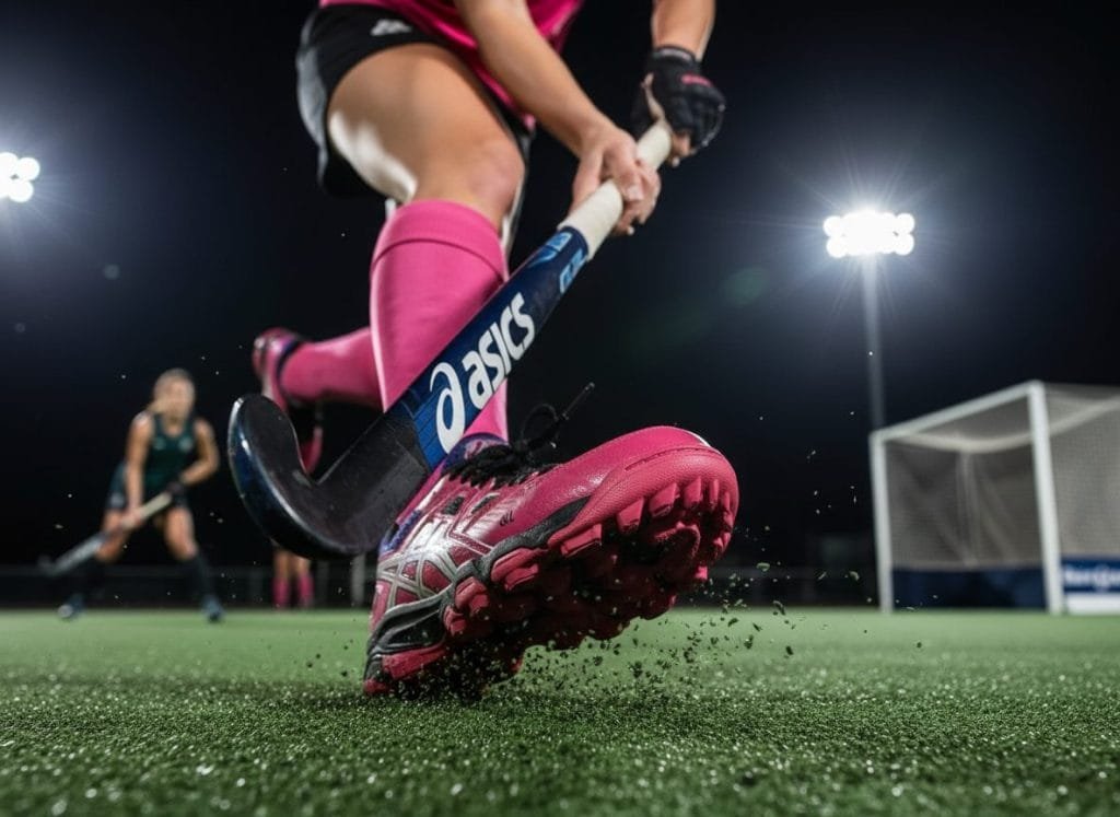Dames Asics hockey schoenen in felroze kleur, gedragen door een speelster in actie op een kunstgras hockeyveld onder de schijnwerpers, waarbij graskorrels opvliegen. De schoenen tonen uitstekende grip en dynamiek tijdens een wedstrijd, ideaal voor optimale prestaties op het veld. Perfecte AI productfotografie voor sportwinkels.