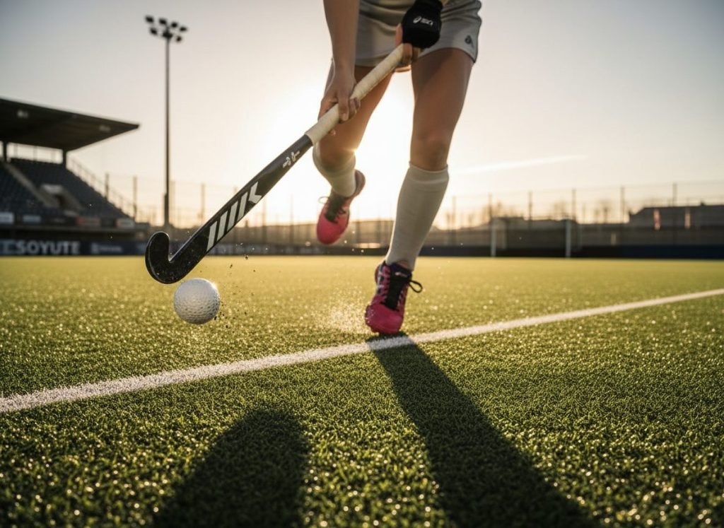Close-up van een hockeyspeelster in actie, dribbelend met een witte hockeybal op een kunstgrasveld, draagt opvallende roze Asics hockeyschoenen en een zwarte hockeystick. De lage zon zorgt voor lange schaduwen en een sfeervolle setting met stadionverlichting op de achtergrond. Een dynamische AI productfotografie creatie door ProductFotoAI.