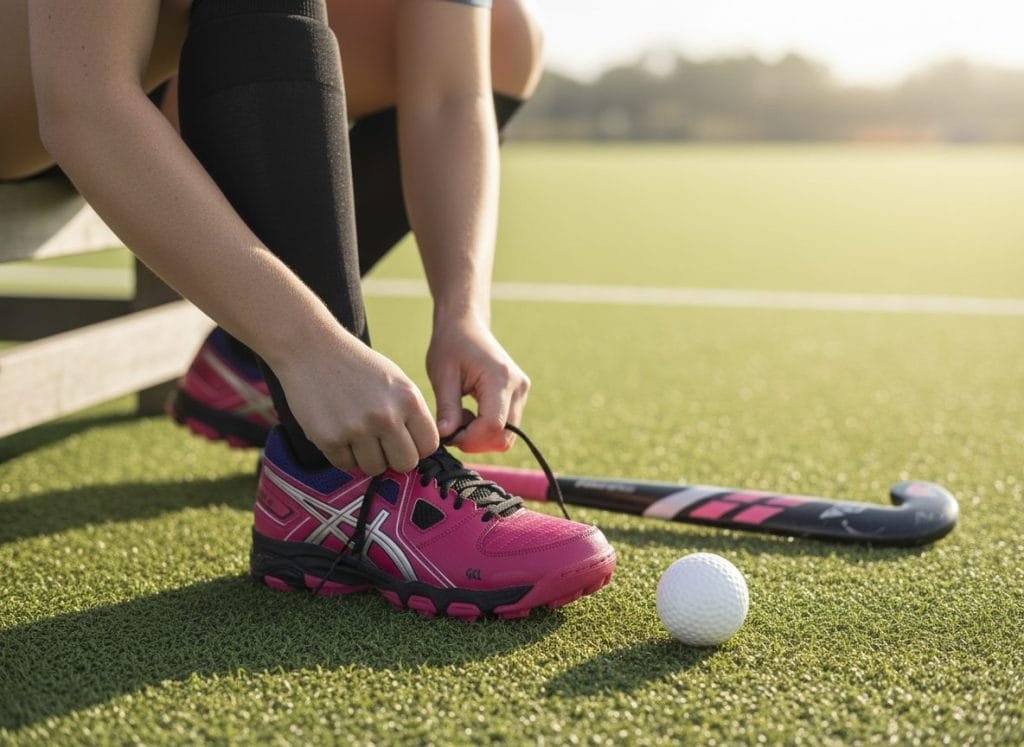 Gedetailleerde close-up van een speler die roze Asics G-GEL hockeyschoenen met zwarte veters strikt op een groen kunstgras hockeyveld. Naast de schoenen liggen een roze-zwarte hockeystick en een witte hockeybal, wat de voorbereiding op een training of wedstrijd benadrukt. Ideaal voor het presenteren van Asics hockeyschoenen voor dames en perfect voor uw webshop.