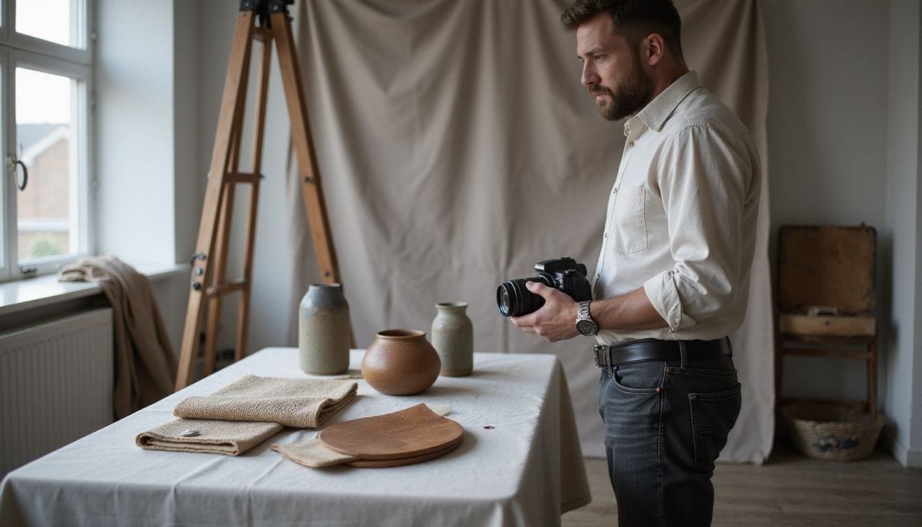 Een professionele fotograaf werkt geconcentreerd aan een studio-opname.