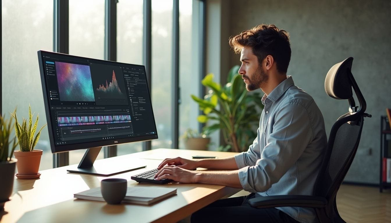 Een AI-videomaker werkt geconcentreerd aan een minimalistisch bureau.