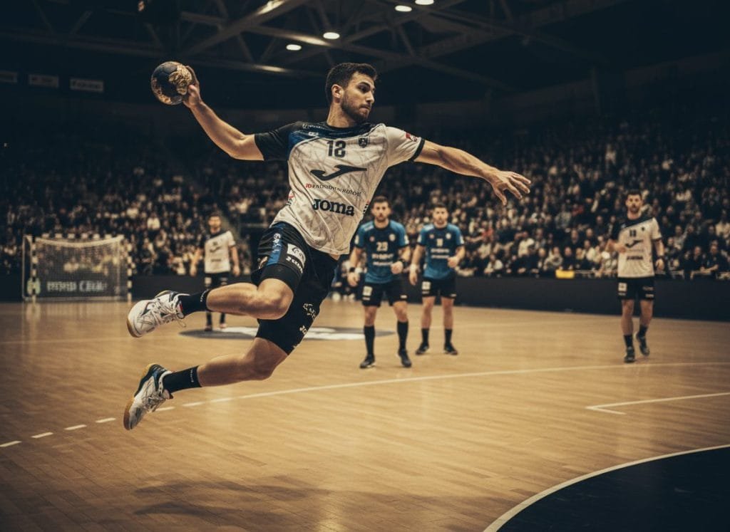 Gedetailleerde foto van witte heren handbalschoenen met blauw/gele accenten en zwarte zolen, gedragen door een mannelijke handbalspeler in actie tijdens een sprongschot. De speler, met rugnummer 18 en Joma-kleding, zweeft boven een houten indoor handbalveld, omringd door andere spelers en een publiek. De afbeelding benadrukt snelheid, grip en performance voor indoor sporten.
