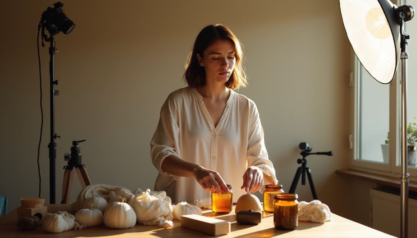 Een vrouw in haar dertiger jaren organiseert alledaagse producten in een bescheiden thuisstudio. Een vrouw in haar dertiger jaren organiseert alledaagse producten in een bescheiden thuisstudio.