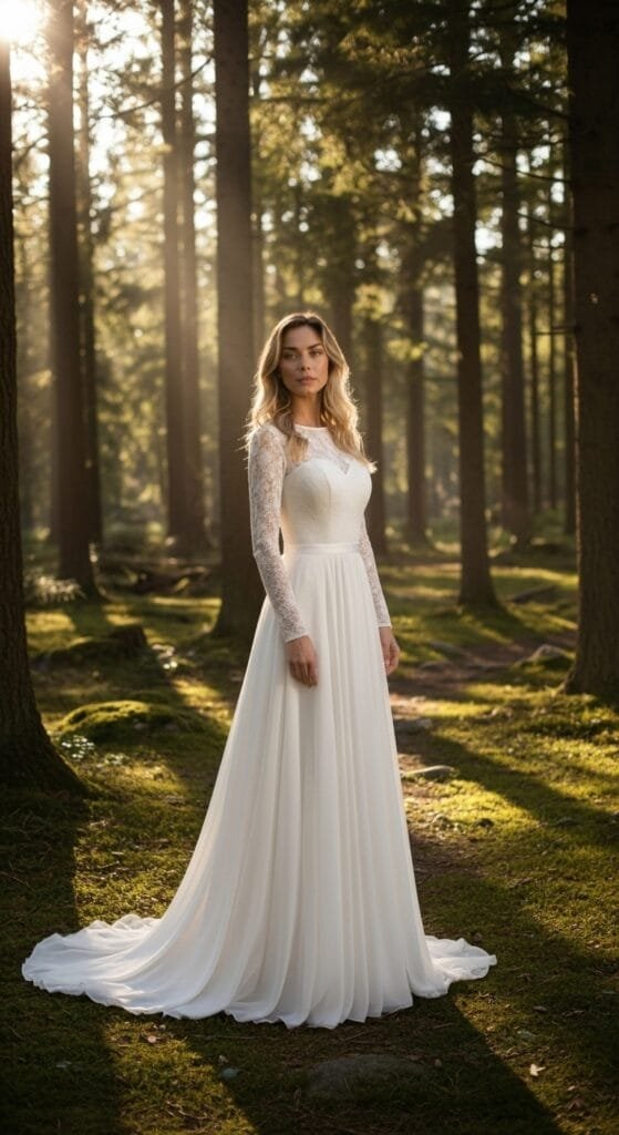 Een jonge, blonde vrouw poseert in een adembenemende witte trouwjurk met lange kanten mouwen en een sierlijk vallende A-lijn rok, staand in een zonovergoten sprookjesachtig bos. Het zachte licht en de mosgroene ondergrond creëren een romantische en natuurlijke sfeer, ideaal voor een bruiloft in de natuur, gegenereerd met AI productfotografie van ProductFotoAI.