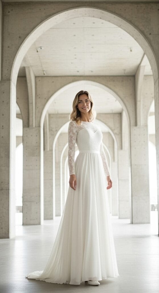 Een stralende bruid toont een elegante witte trouwjurk met een nauwsluitend kanten lijfje en delicate lange kanten mouwen, gecombineerd met een vloeiende chiffon rok. De jurk heeft een klassieke ronde halslijn en een sweetheart detail op de borst, perfect voor een moderne, stijlvolle bruiloft. De achtergrond is een indrukwekkende, minimalistische betonnen architectuur met bogen die diepte en sereniteit toevoegen. Deze beeldoptimalisatie is gerealiseerd met AI productfotografie.