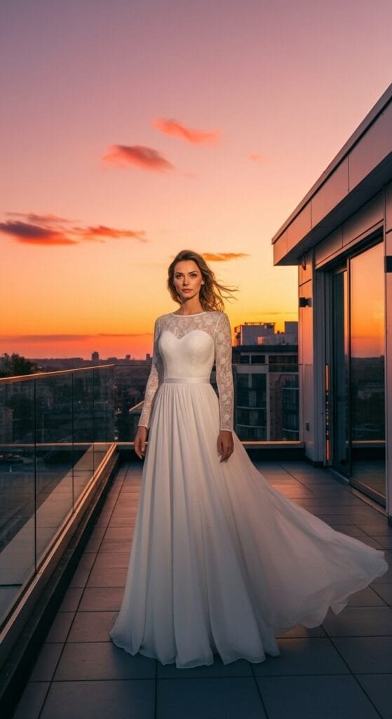 Elegante witte trouwjurk met verfijnde lange kanten mouwen en een sierlijke hartvormige halslijn, gedragen door een model op een modern dakterras met glazen balustrade. De setting is een adembenemende zonsondergang met een oranje-roze lucht en een stedelijke skyline op de achtergrond, ideaal voor romantische bruidsfotografie en e-commerce productpresentatie.